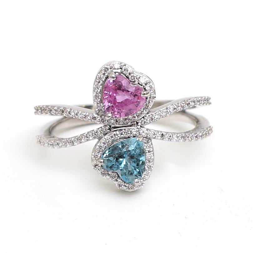 JPRG-2740/7126 Aquamarine & Pink Sapphire Heart With Diamond Ring | 18K