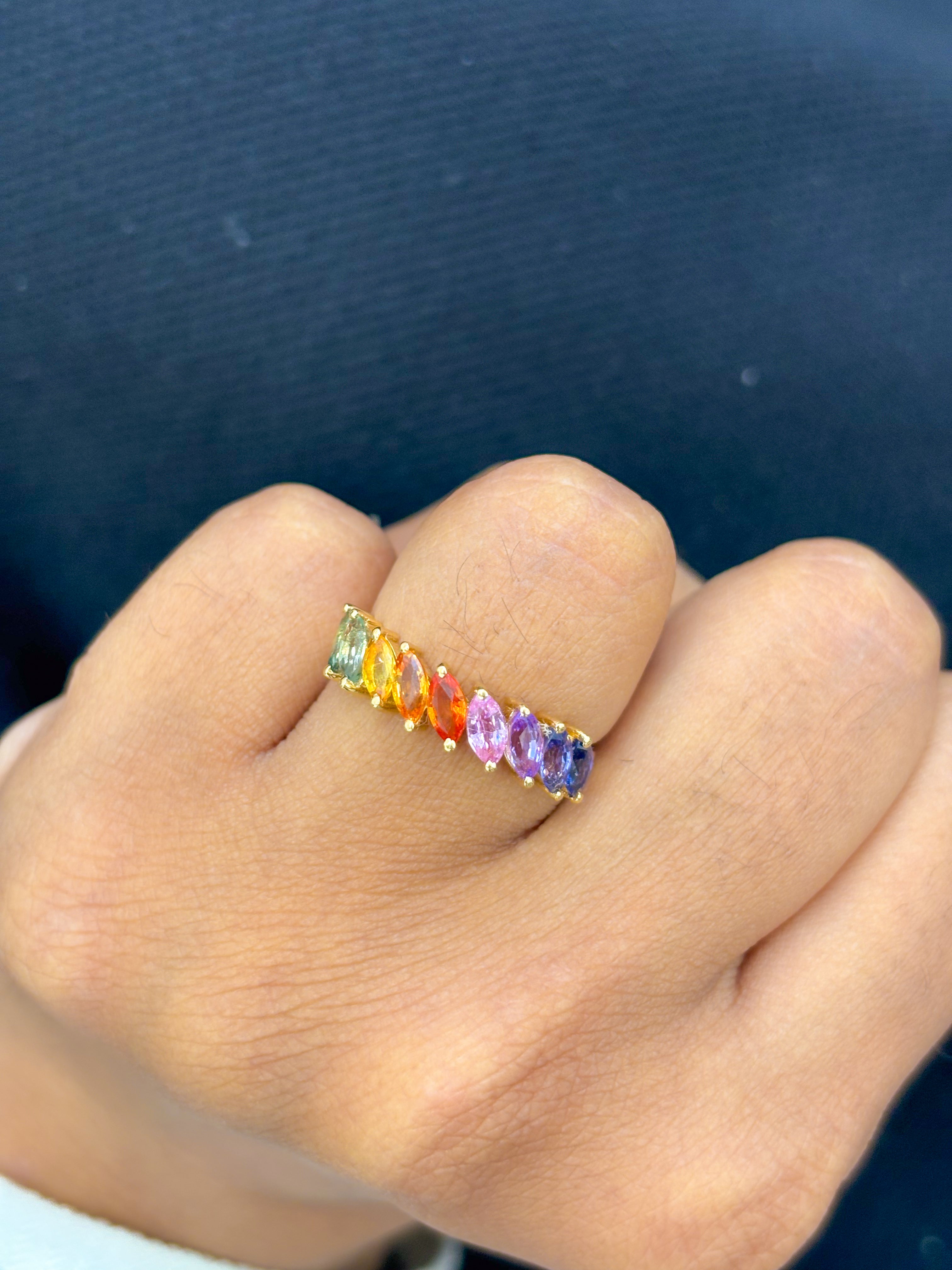 JPRG-2819/7386 Rainbow Sapphire Marquise Half Eternity Ring | 18K