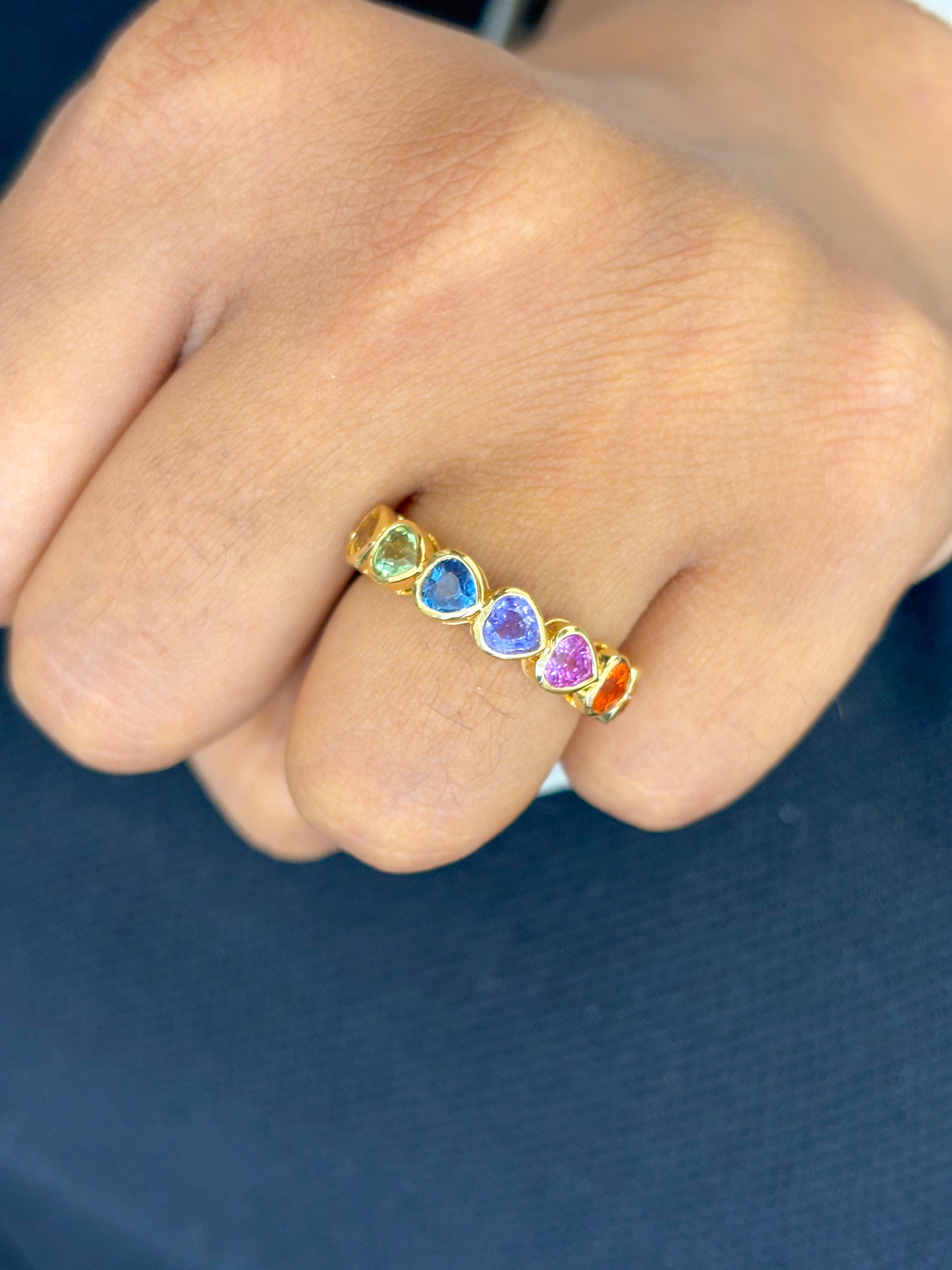 JPRG-2855/7440 Rainbow Sapphire Heart Bezel Half Ring | 18K