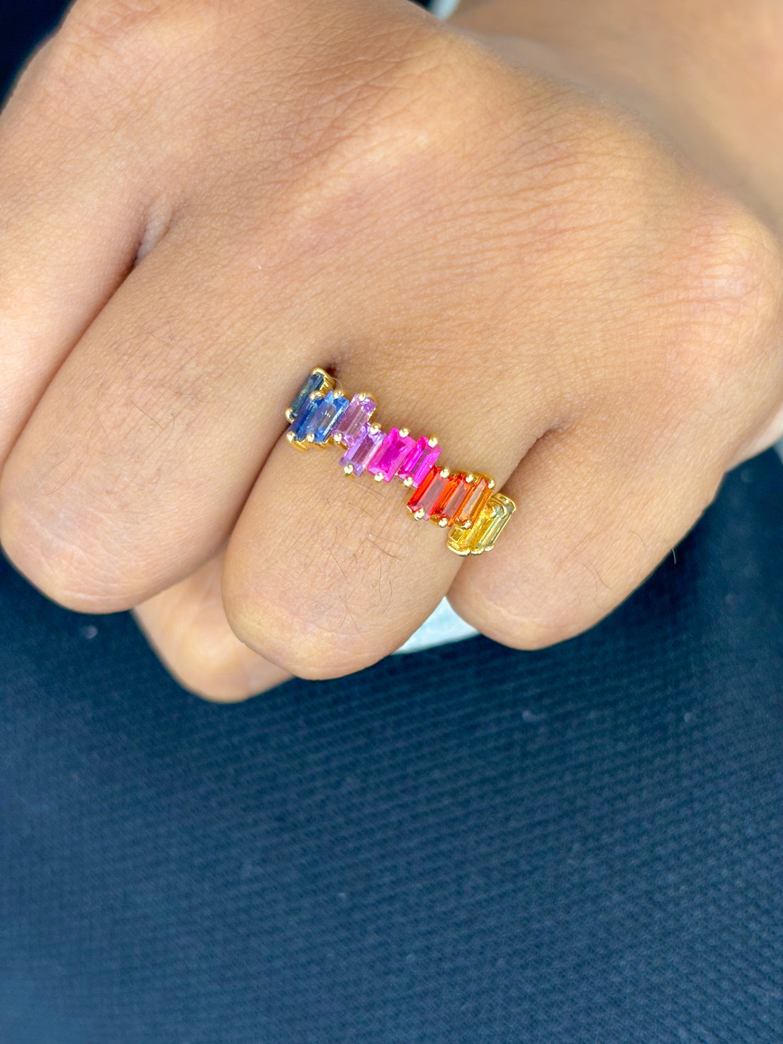 JPRG-2876/7478 Rainbow Sapphire 4X2 Baguette Half Ring | 18K
