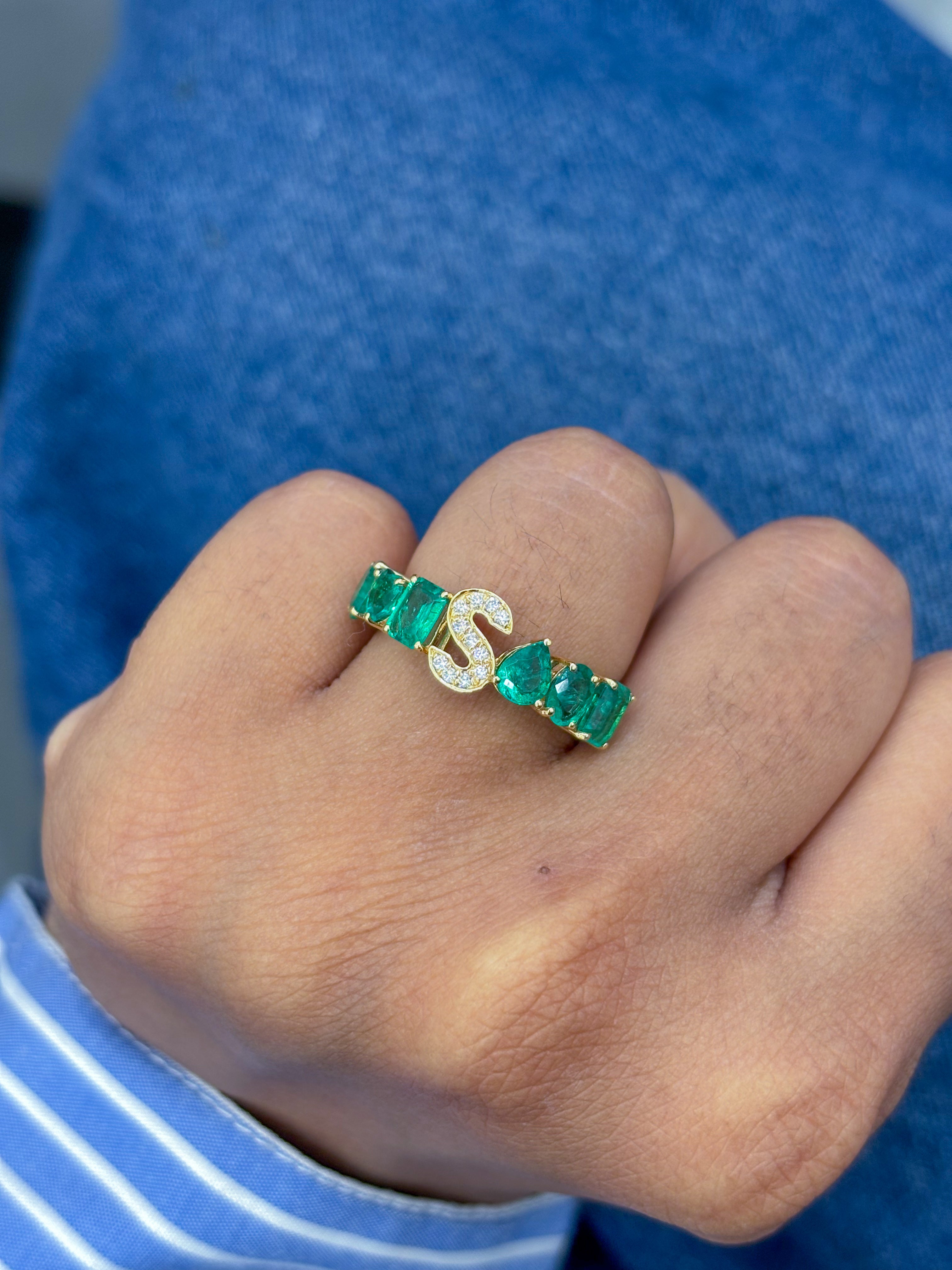 JPRG-2880/7482 Emerald With Diamond S Letter Half Ring | 18K