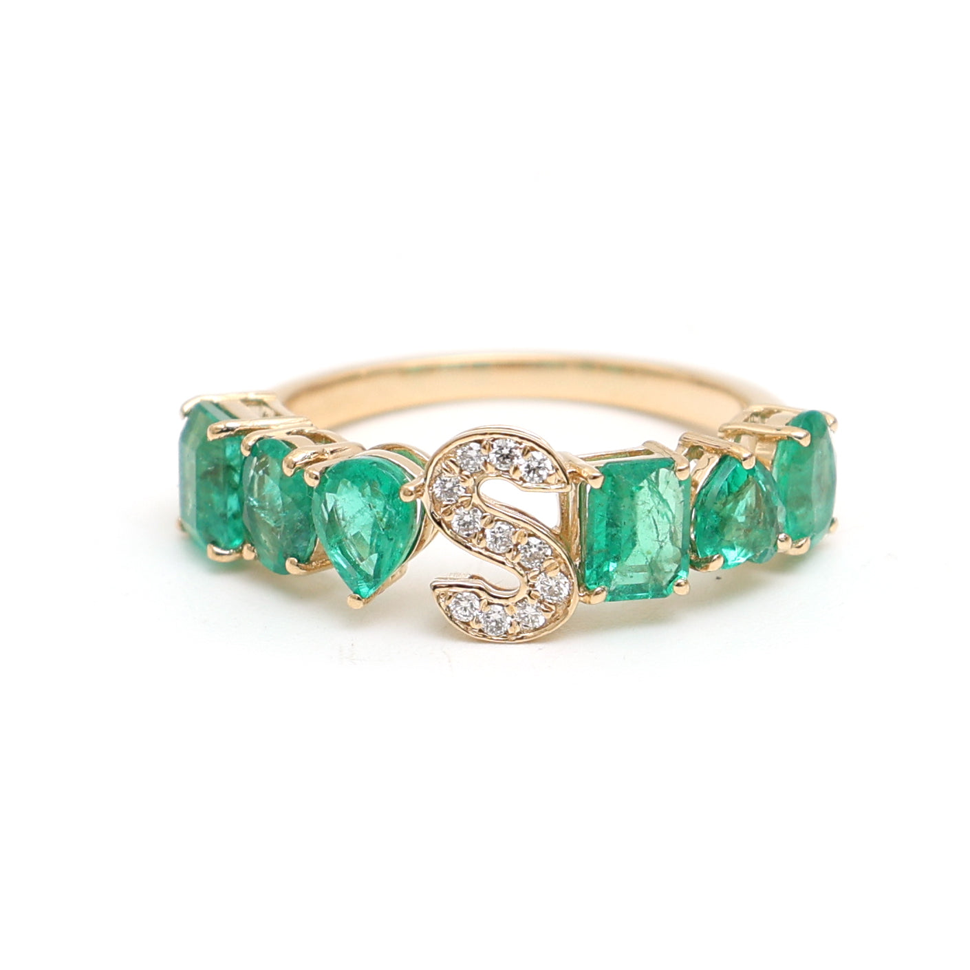 JPRG-2880/7482 Emerald With Diamond S Letter Half Ring | 18K