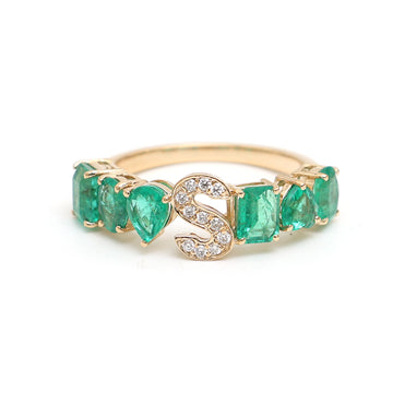 JPRG-2880/7482 Emerald With Diamond S Letter Half Ring | 18K