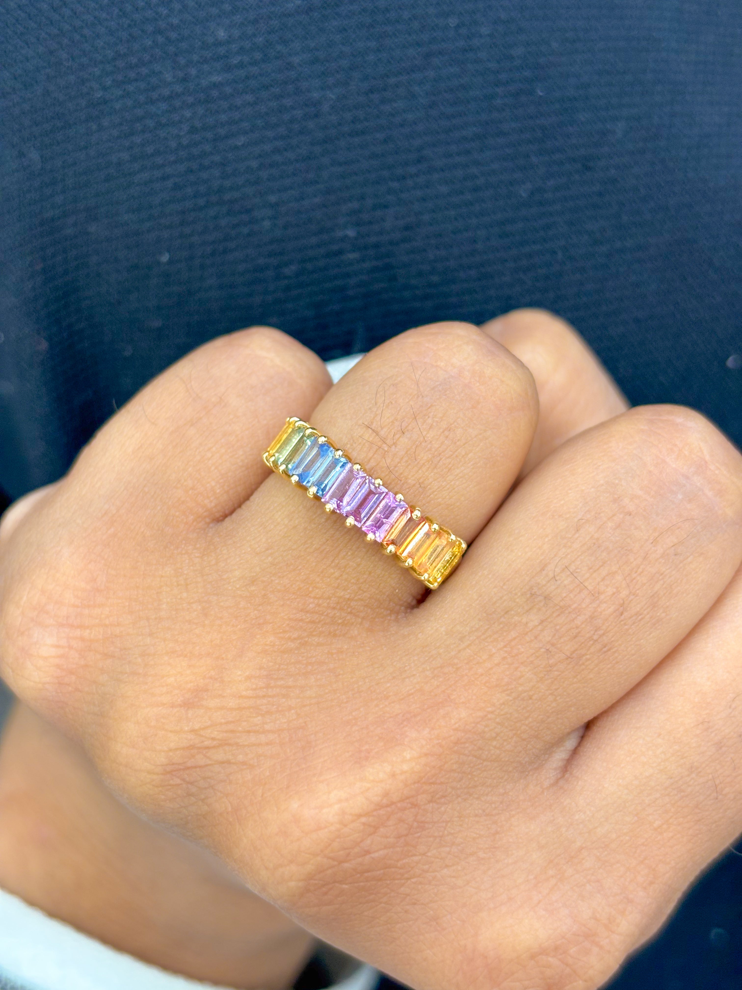 JPRG-2882/7491 Rainbow Sapphire Baguette 4X2 Half Ring | 18K