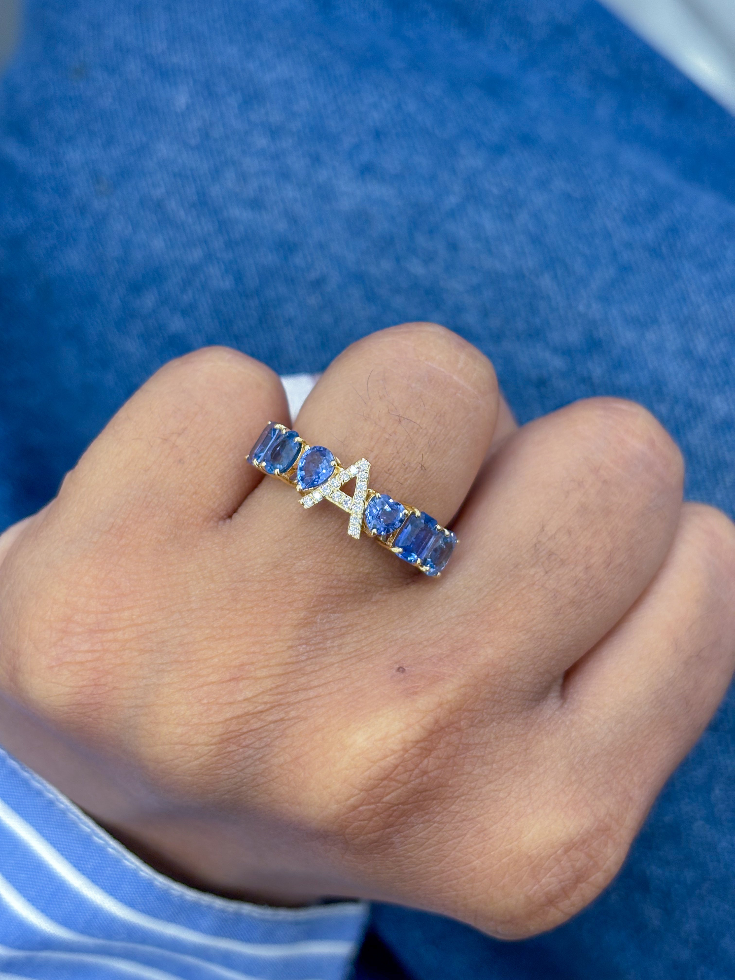 JPRG-2884/7493 Blue Sapphire With Diamond A Letter Half Ring | 18K
