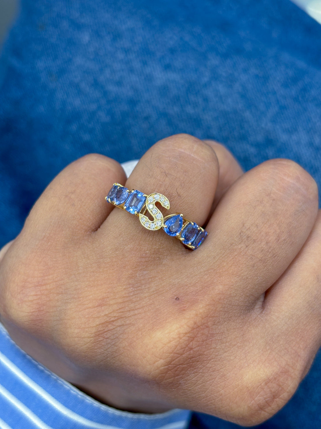 JPRG-2889/7501 Blue Sapphire With Diamond S Letter Ring | 18K
