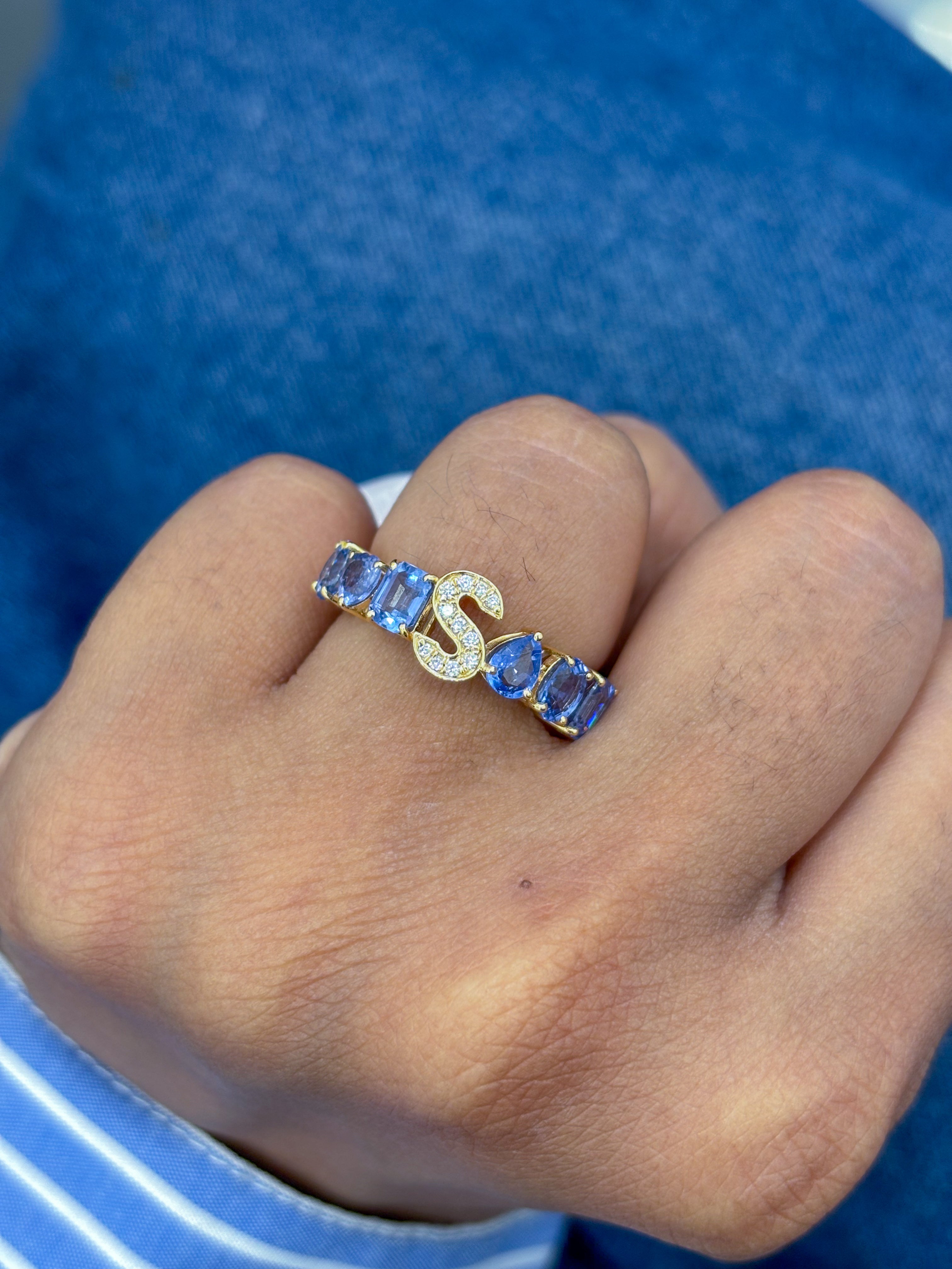JPRG-2889/7501 Blue Sapphire With Diamond S Letter Ring | 18K
