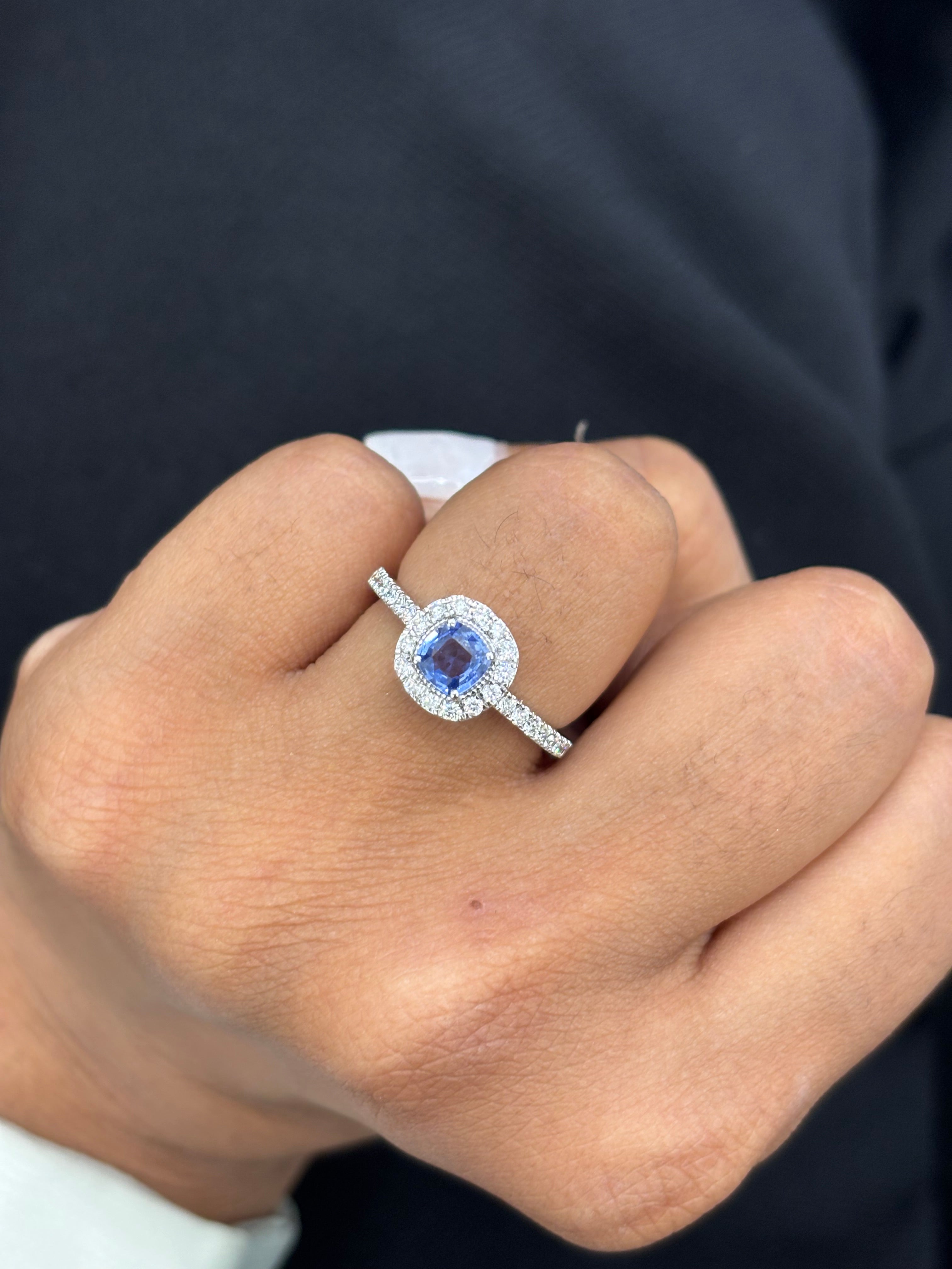 JPRG-2942/7649 Blue Sapphire Cushion Diamond Halo Ring | 18K