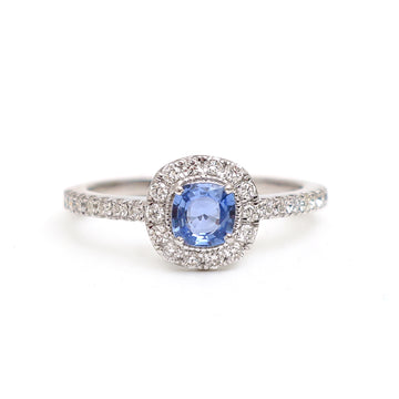 JPRG-2942/7649 Blue Sapphire Cushion Diamond Halo Ring | 18K