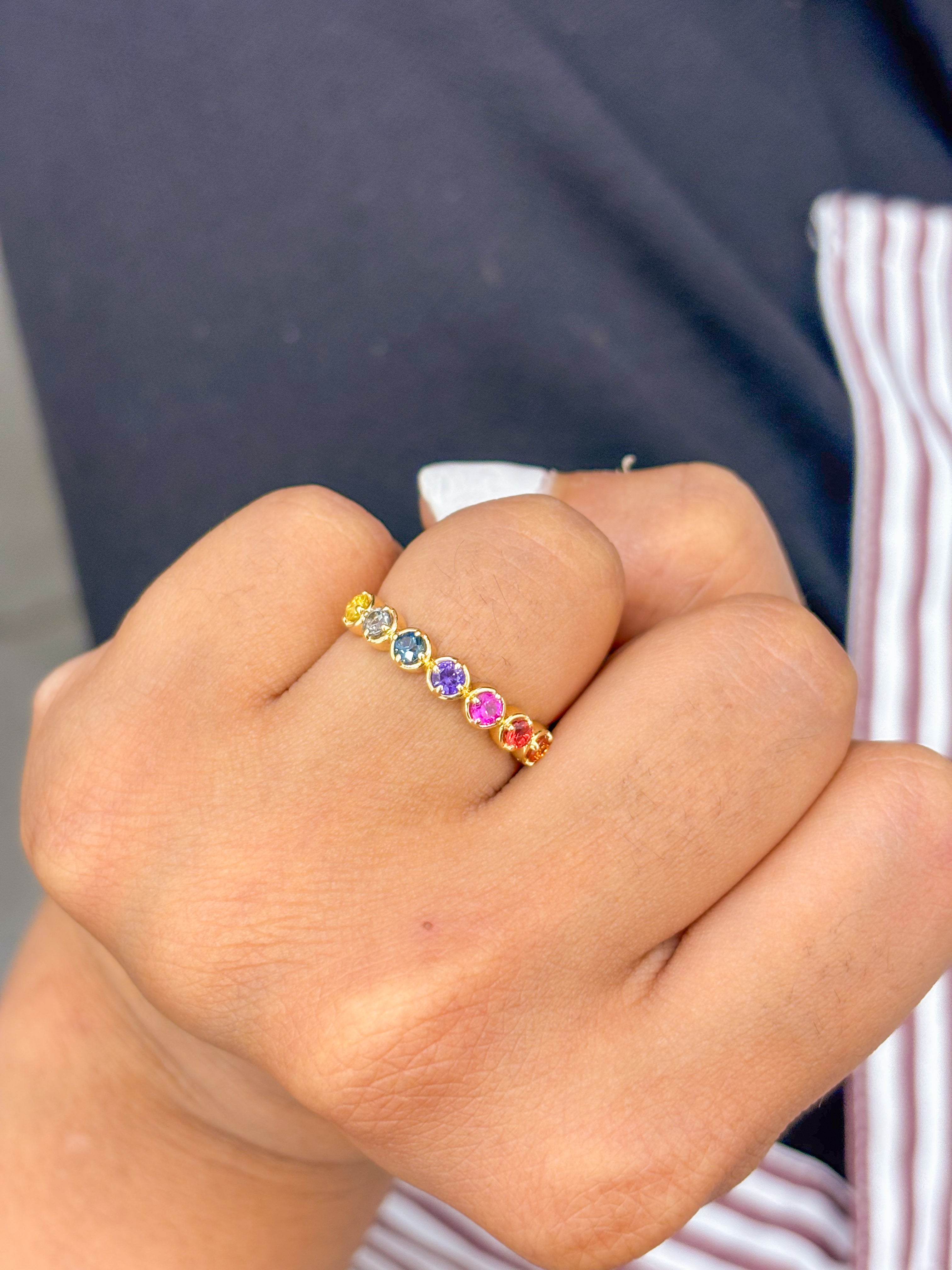 JPRG-2949/7678 Rainbow Sapphire Round Bezel Set Half Eternity Band Ring | 18K