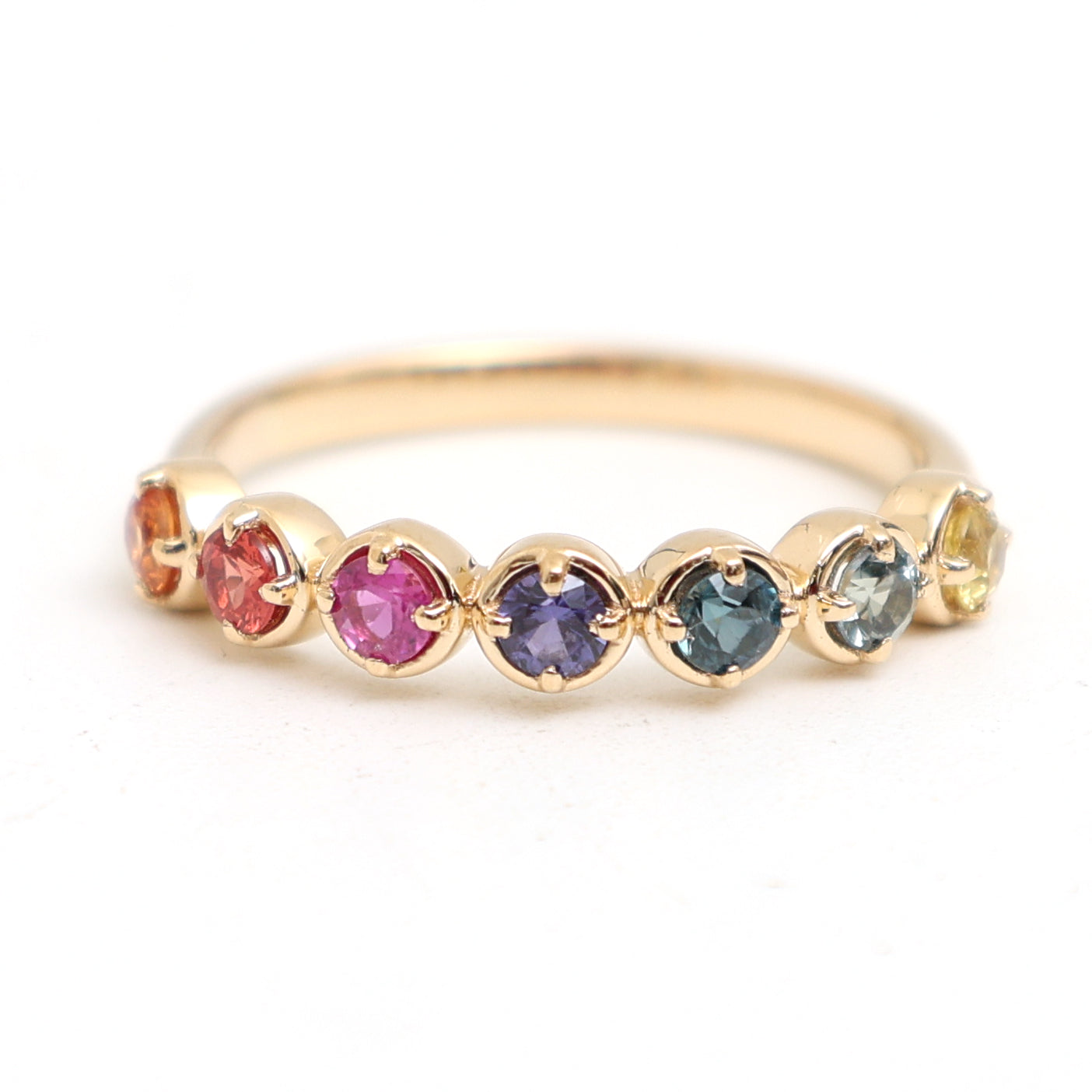 JPRG-2949/7678 Rainbow Sapphire Round Bezel Set Half Eternity Band Ring | 18K