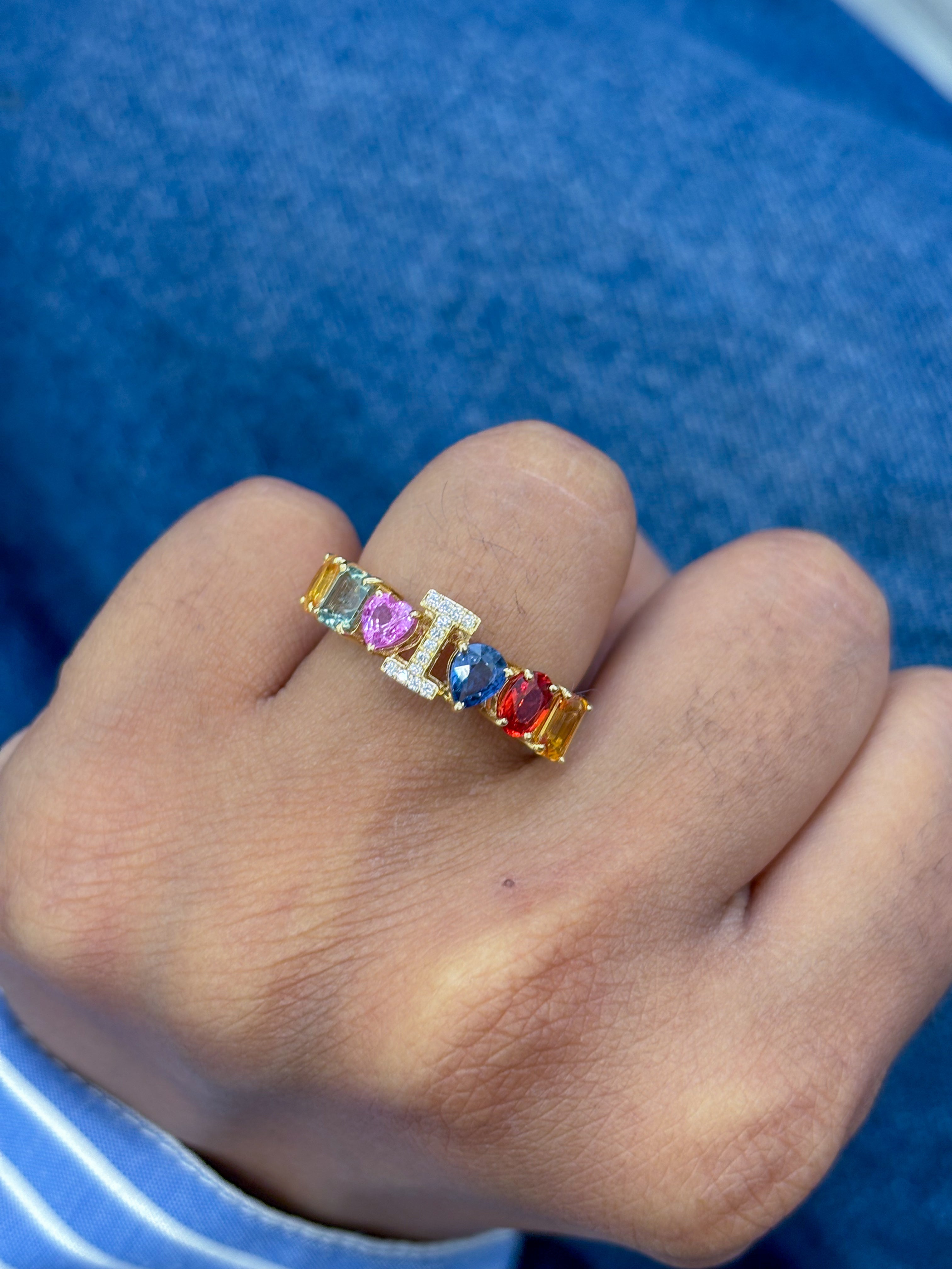 JPRG-2954/7695 Rainbow Sapphire I Letter Ring | 18K