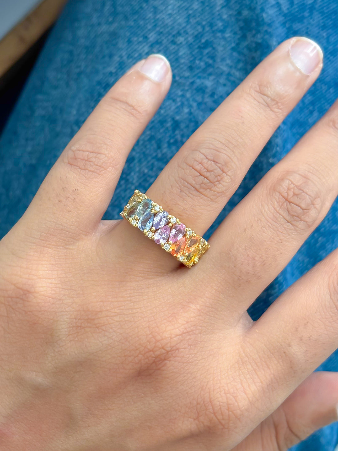 JPRG-2999/7790 Rainbow Sapphire Pear Diamond Half Eternity Band Ring | 18K