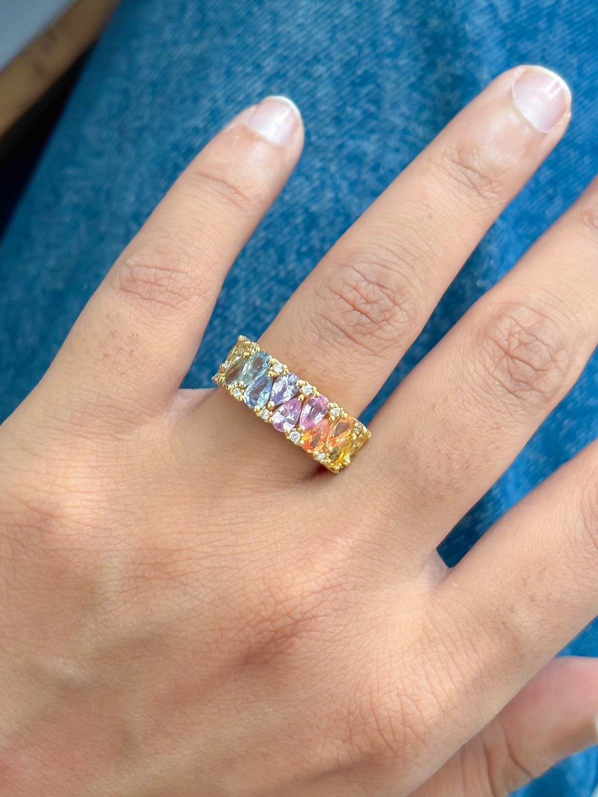 JPRG-2999/7790 Rainbow Sapphire Pear Diamond Half Eternity Band Ring | 18K