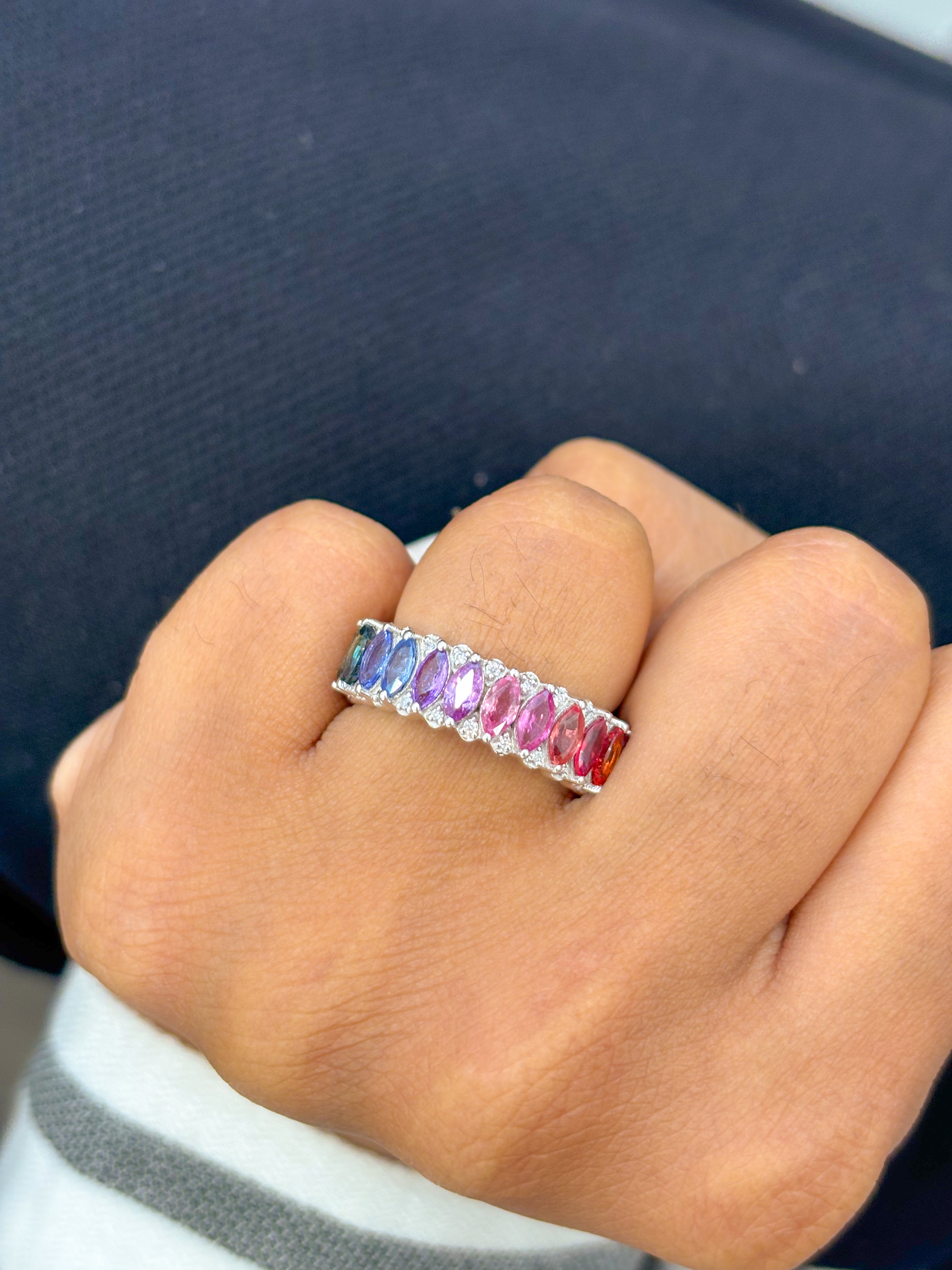 JPRG-3003/7818 Rainbow Sapphire Marquise Diamond Eternity Band Ring | 14K