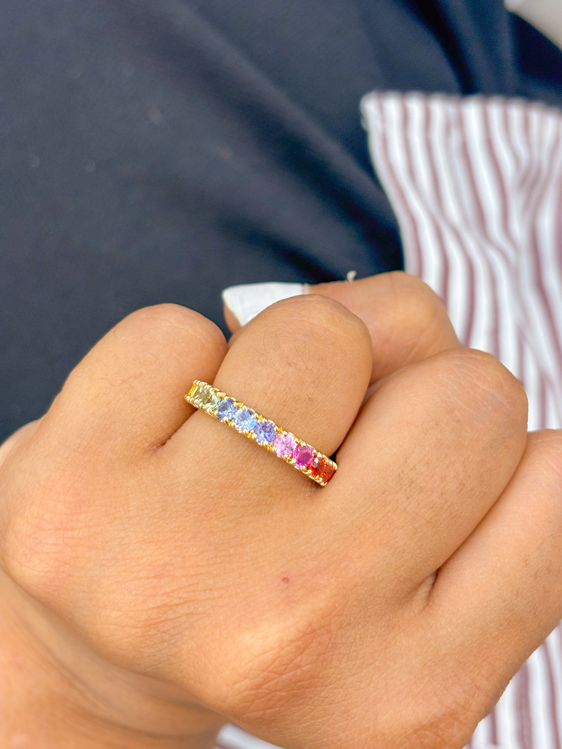 JPRG-3030/7881 Rainbow Sapphire Round Half Eternity Band Ring | 18K