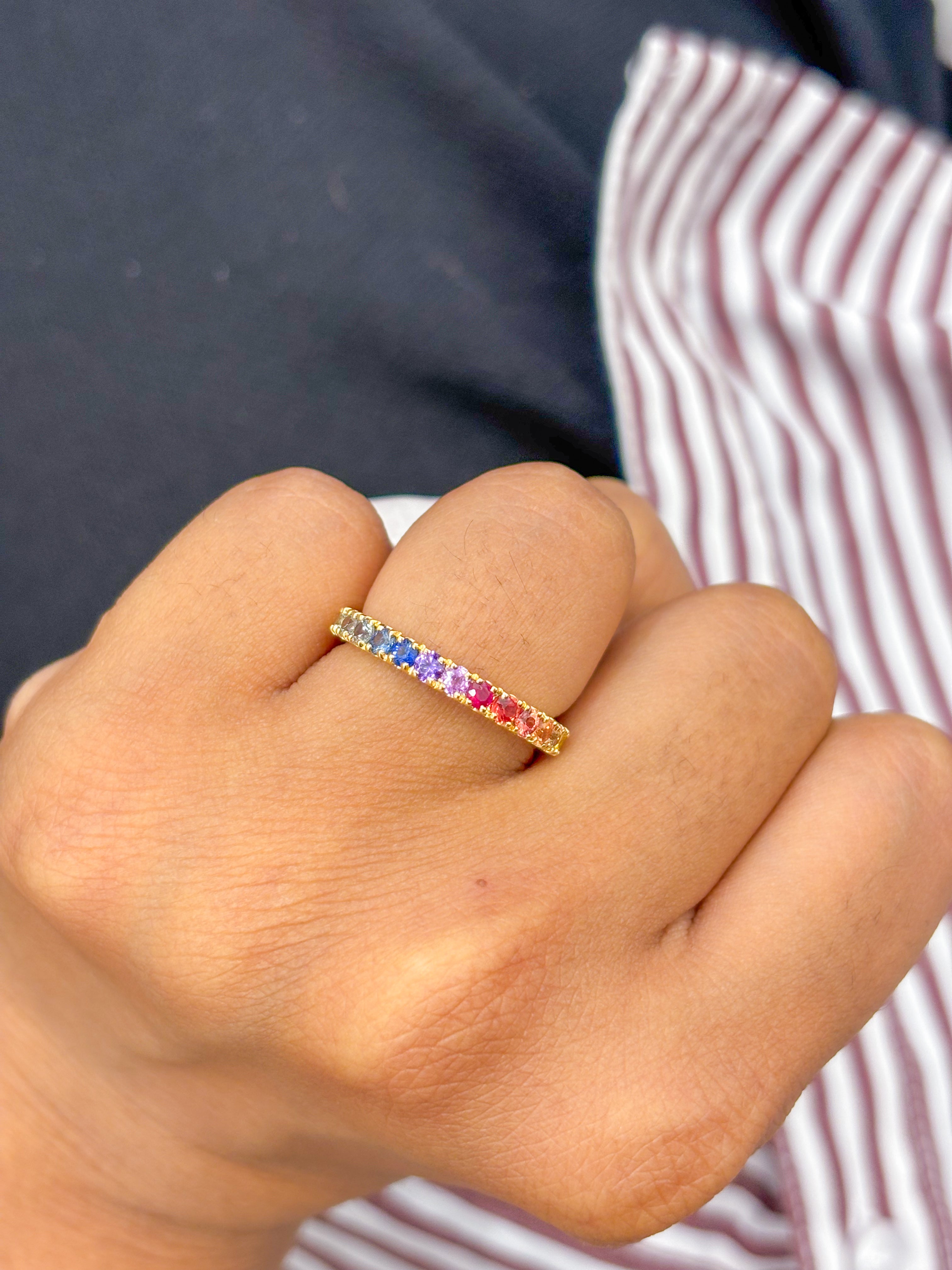JPRG-3031/7882 Rainbow Sapphire Round Half Eternity Band Ring | 18K