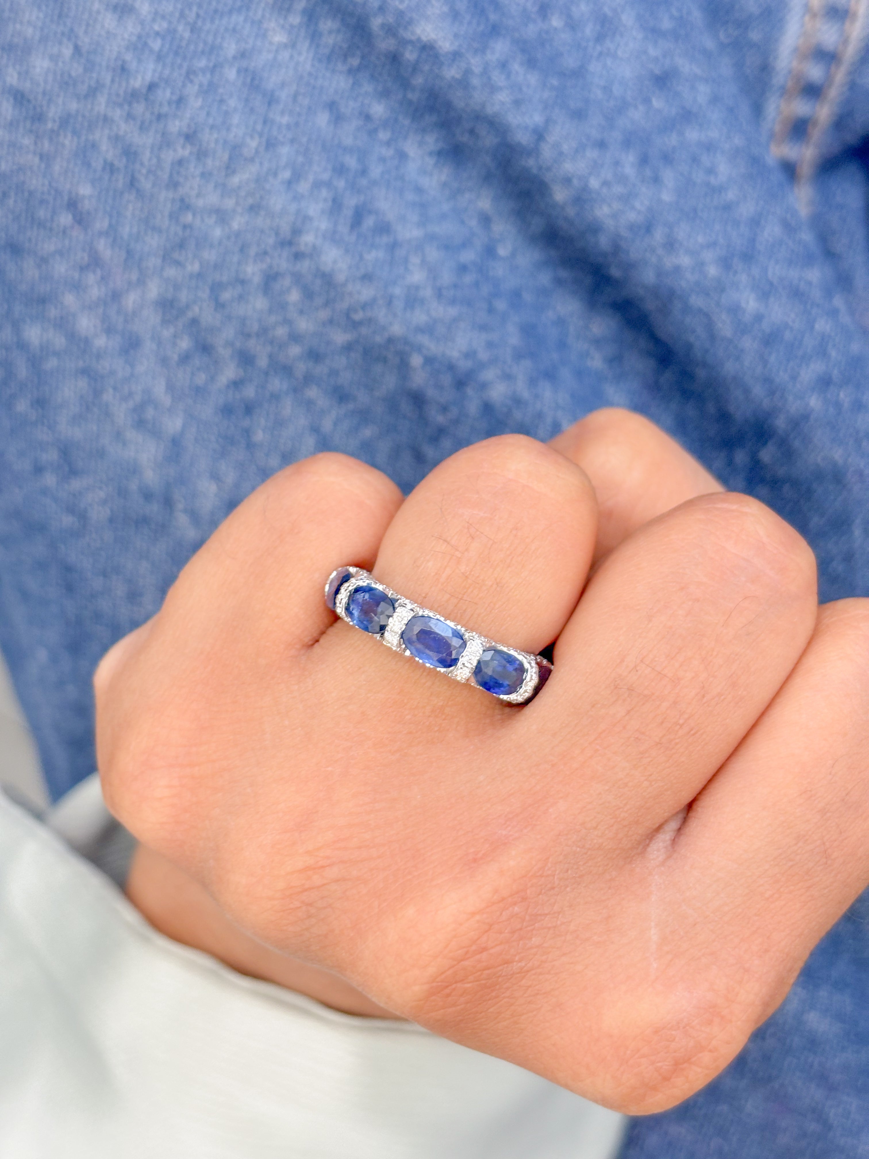 JPRG-3040/7890 Blue Sapphire Oval Diamond Eternity Band Ring | 18K