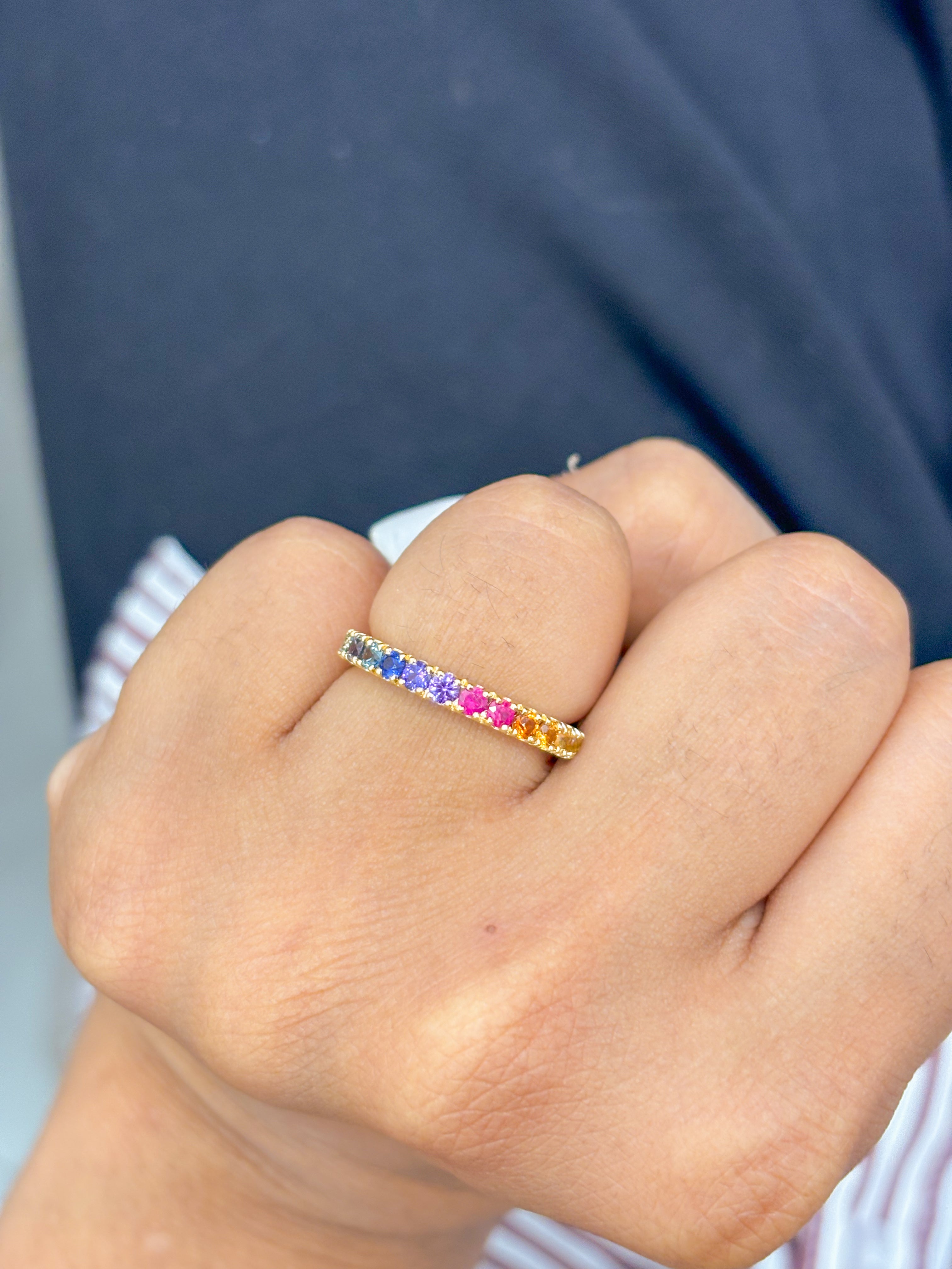 JPRG-3042/7894 Rainbow Sapphire Round Half Eternity Band Ring | 18K