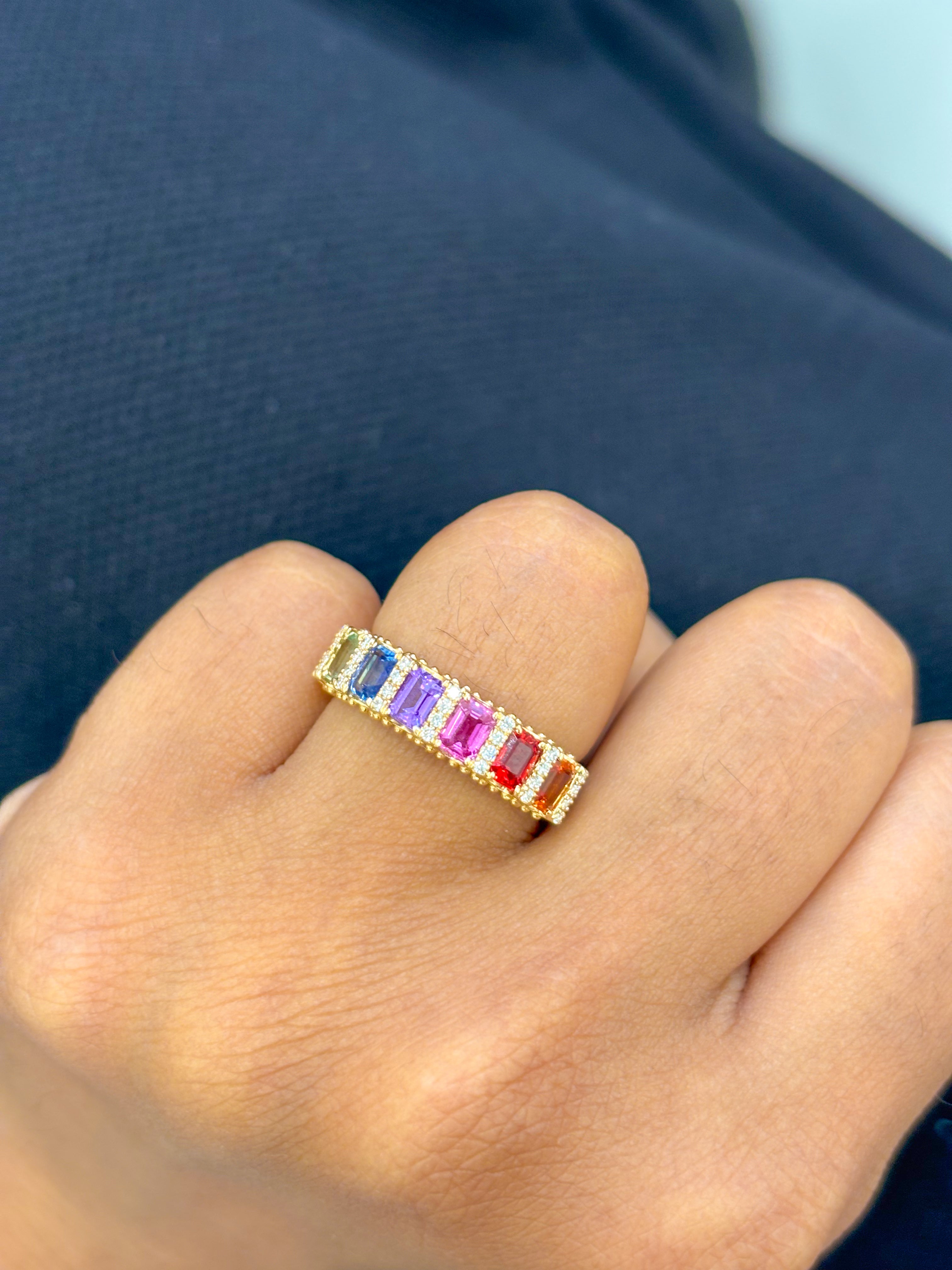 JPRG-3044/7923 Rainbow Sapphire Octagon Diamond Half Eternity Band Ring | 18K