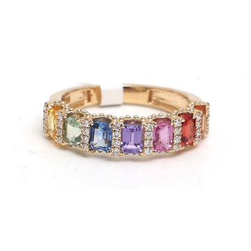 JPRG-3044/7923 Rainbow Sapphire Octagon Diamond Half Eternity Band Ring | 18K