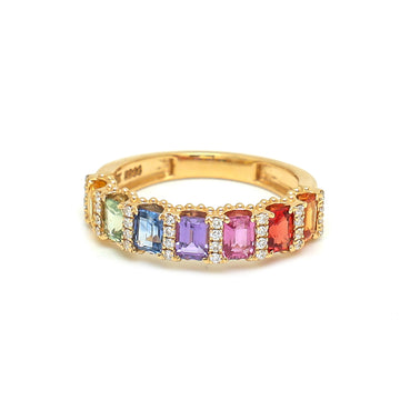 JPRG-3044/7923 Rainbow Sapphire Octagon Diamond Half Eternity Band Ring | 18K