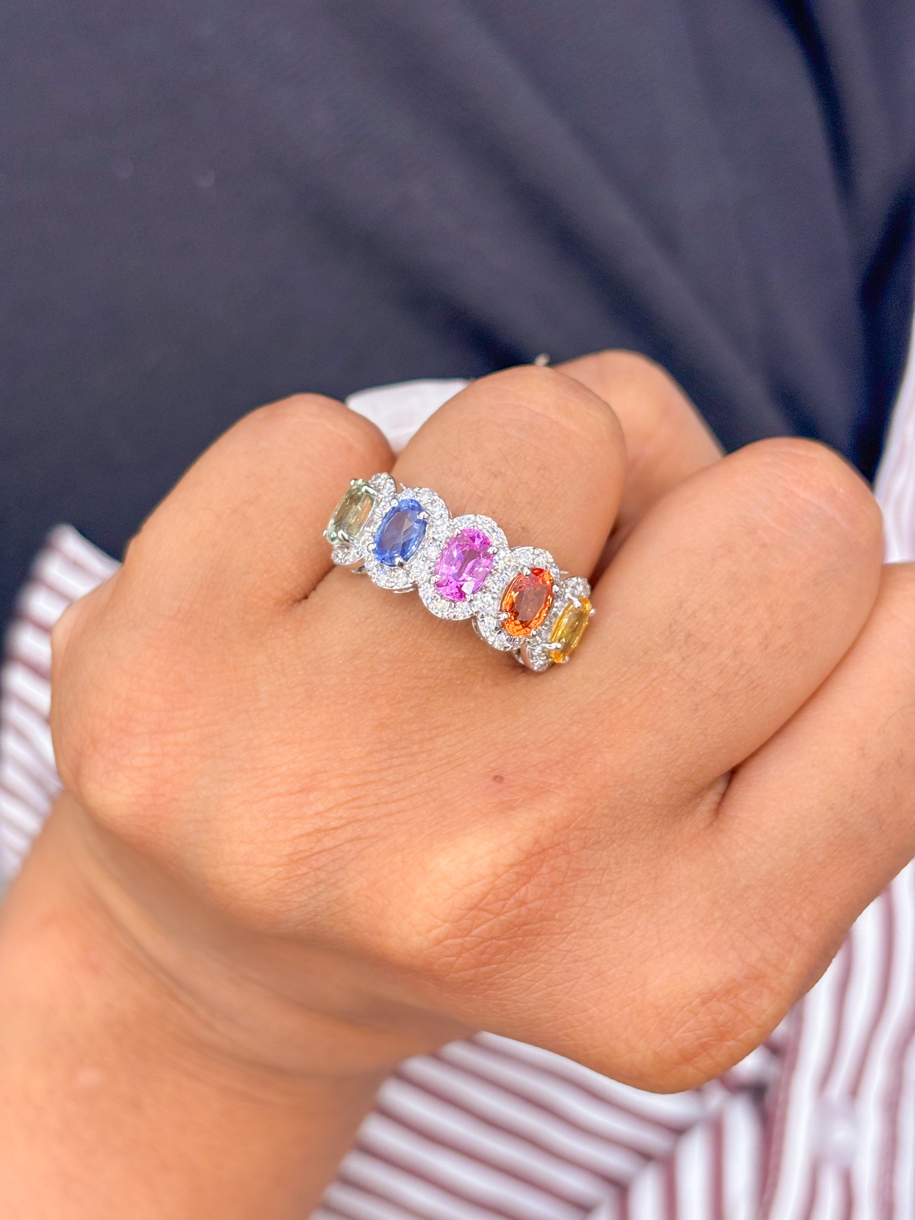JPRG-3049/7928 Rainbow Sapphire Oval Diamond Five Stone Half Eternity Band Ring | 18K