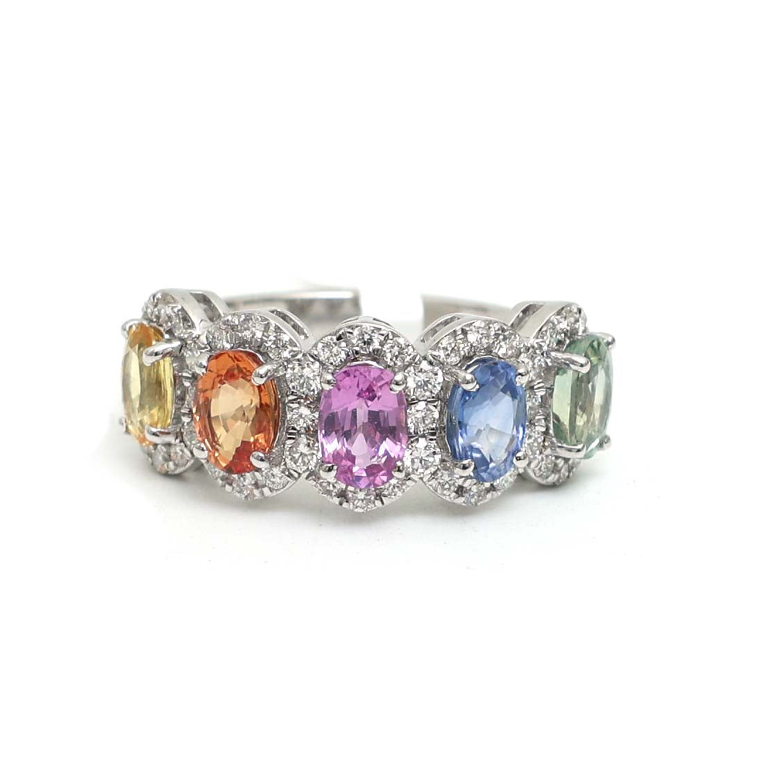 JPRG-3049/7928 Rainbow Sapphire Oval Diamond Five Stone Half Eternity Band Ring | 18K