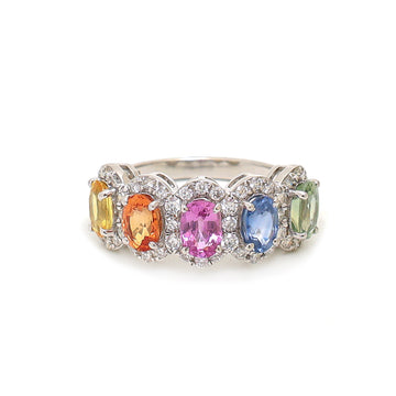 JPRG-3049/7928 Rainbow Sapphire Oval Diamond Five Stone Half Eternity Band Ring | 18K