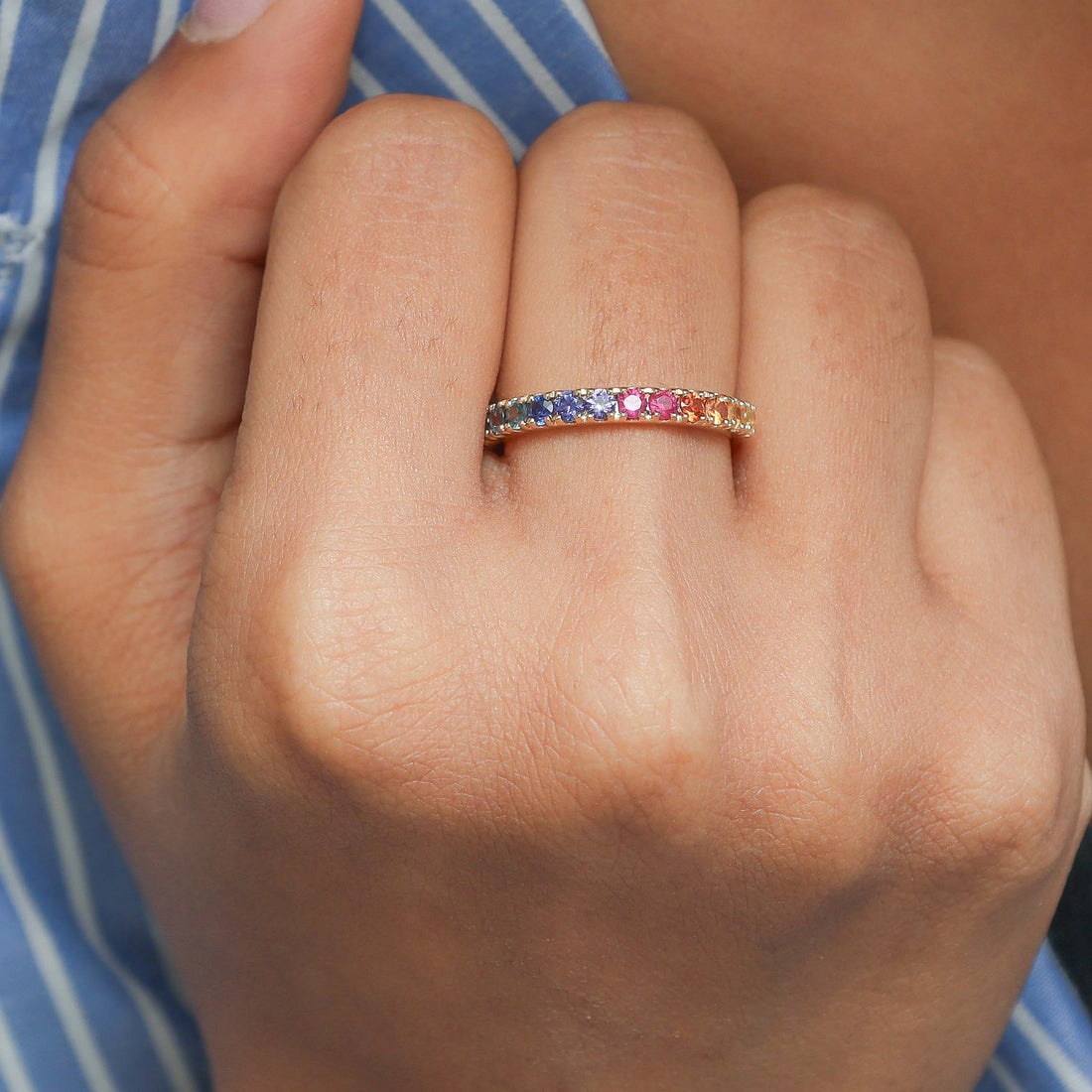 JPRG-3051/7985 Rainbow Sapphire Round Half Eternity Ring | 18K