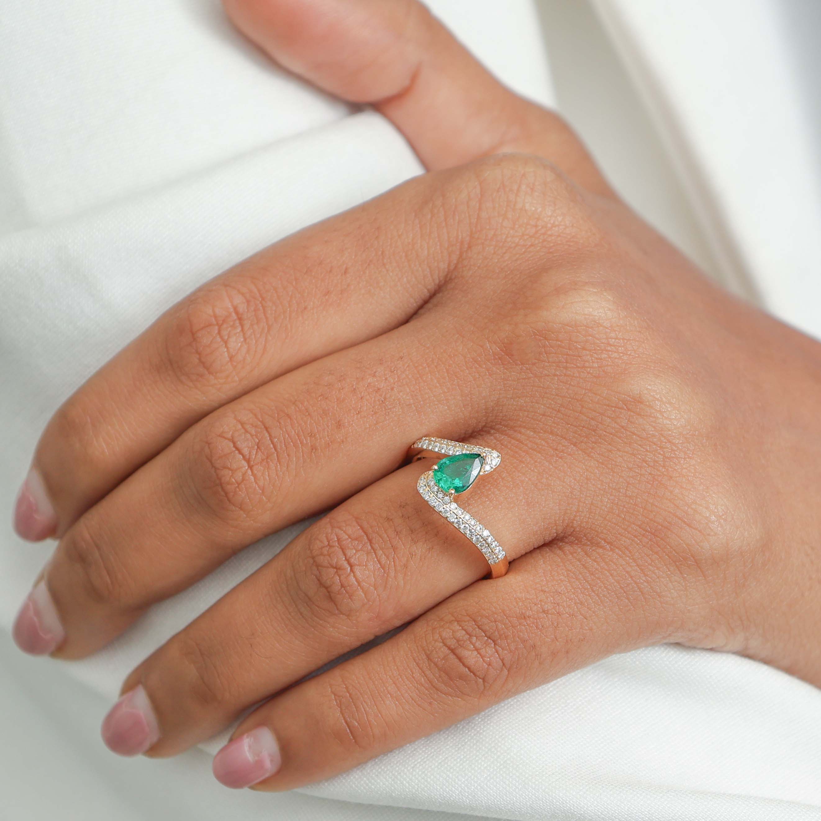 JPRG-3166/8243 Emerald Pear 7X5 With Diamond Wave Ring | 18K