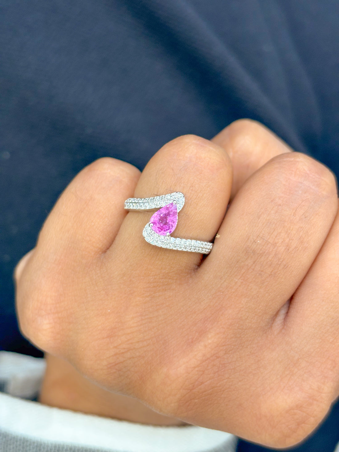 JPRG-3167/8244 Pink Sapphire Pear With Diamond Wave Ring | 18K