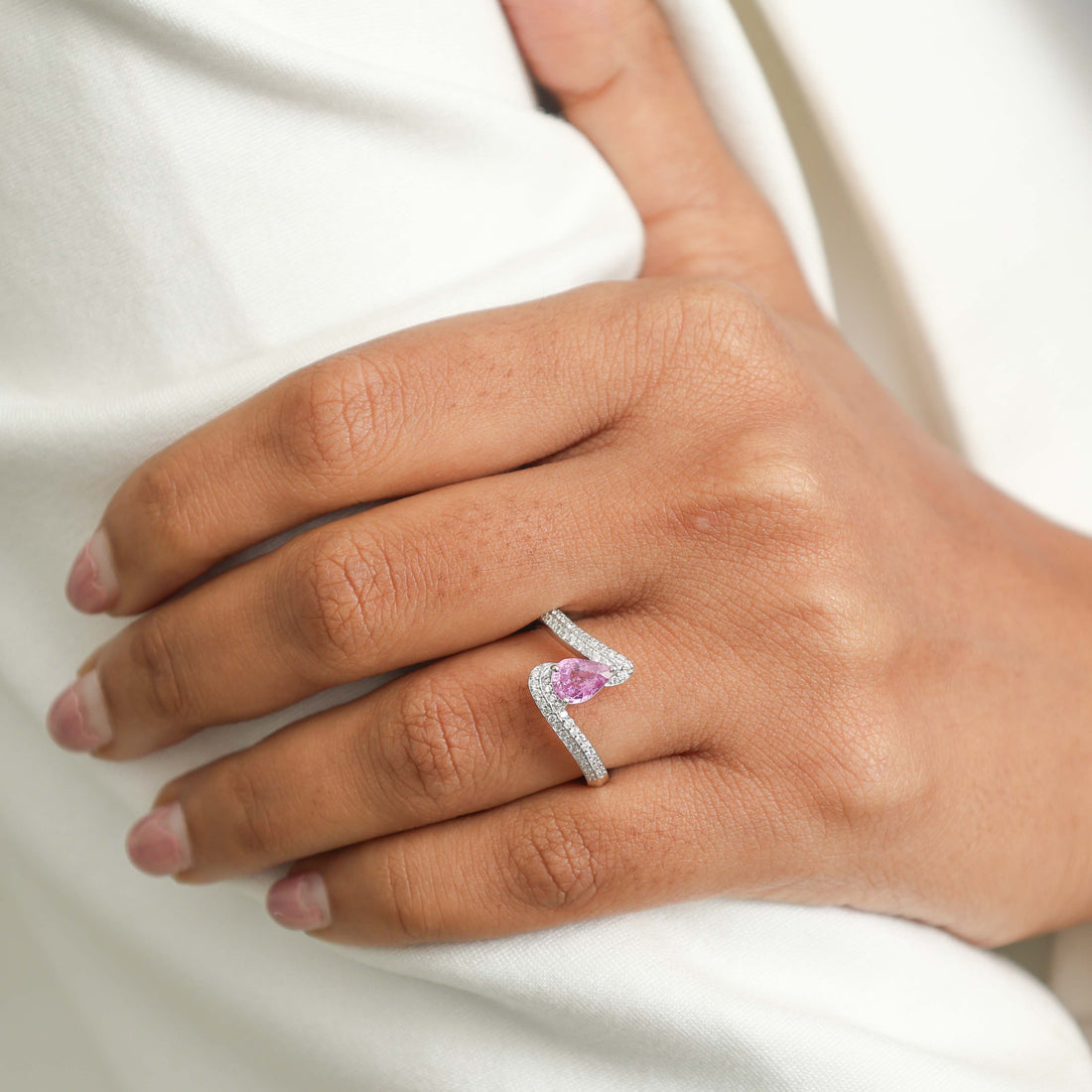 JPRG-3167/8244 Pink Sapphire Pear With Diamond Wave Ring | 18K