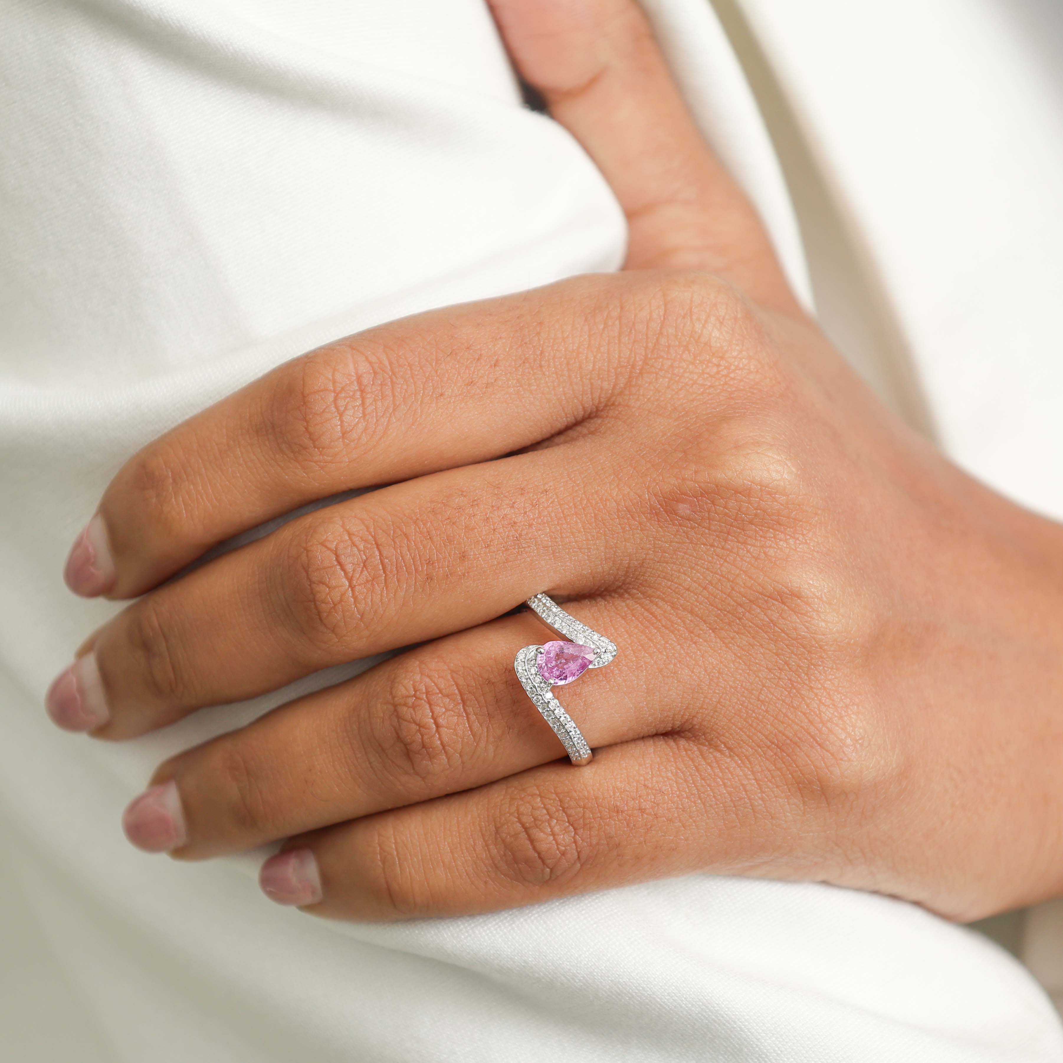 JPRG-3167/8244 Pink Sapphire Pear With Diamond Wave Ring | 18K