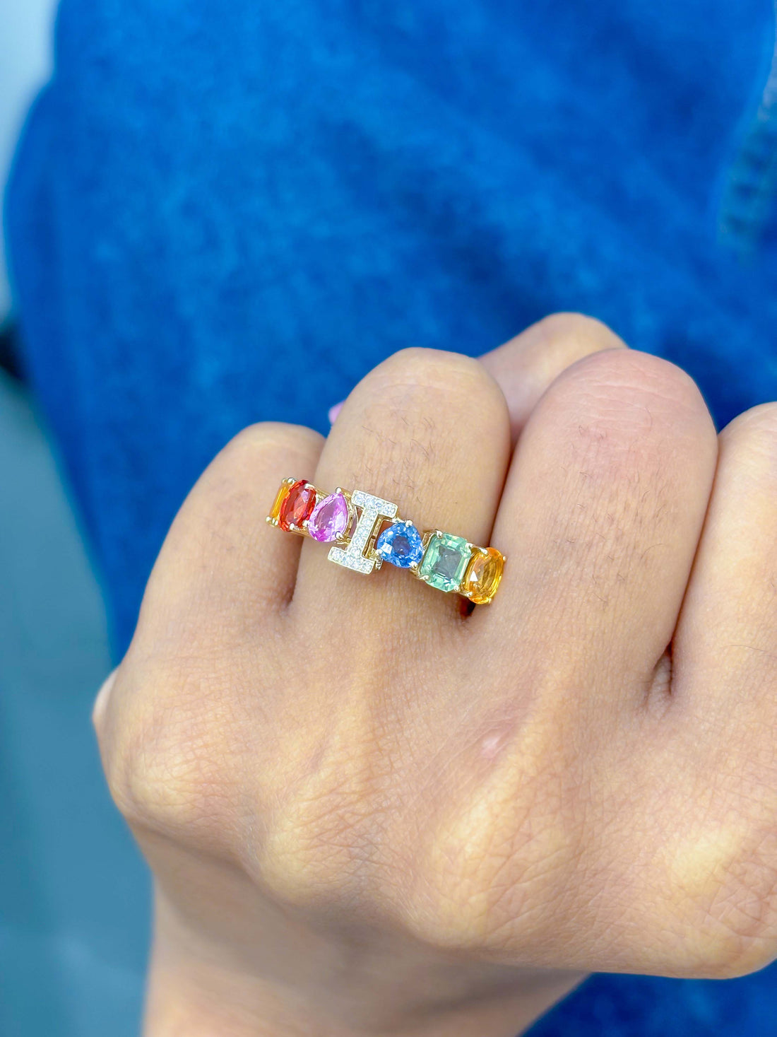 JPRG-3179/8258 Rainbow Sapphire Mix Shape I Letter Ring | 14K