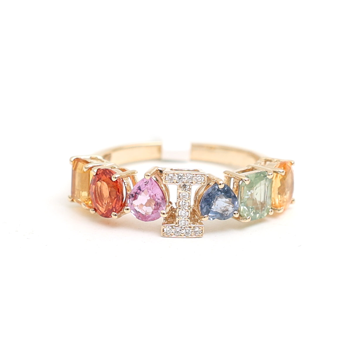 JPRG-3179/8258 Rainbow Sapphire Mix Shape I Letter Ring | 14K