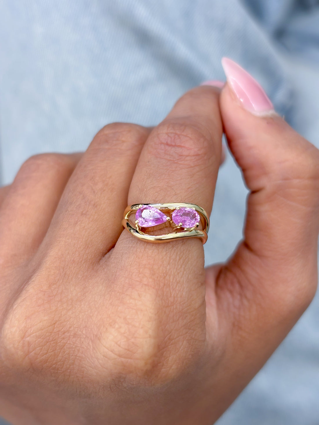 JPRG-3325/8520 Pink Sapphire Pear Oval Wave Ring | 14K