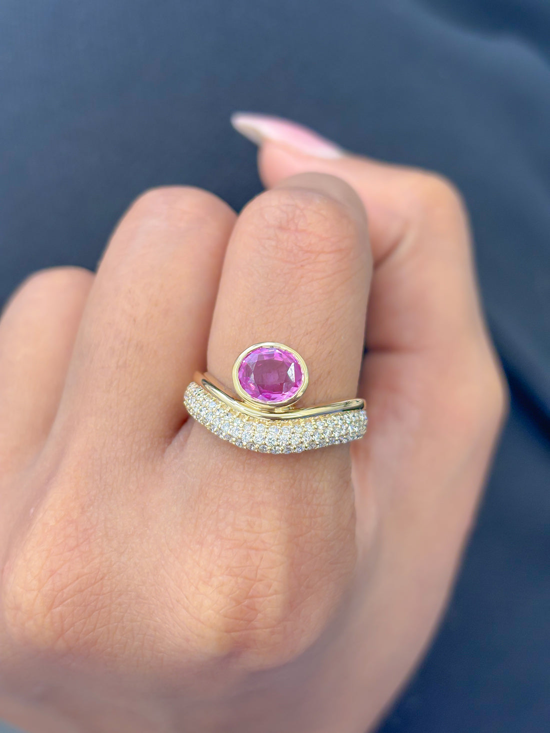 JPRG-3441/8817 Pink Sapphire Oval Bezel Set Diamond Wave Ring | 18K