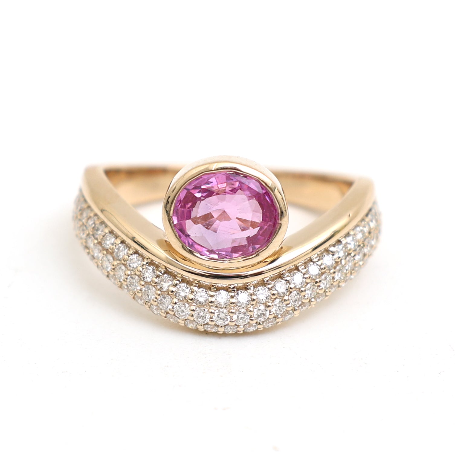 JPRG-3441/8817 Pink Sapphire Oval Bezel Set Diamond Wave Ring | 18K
