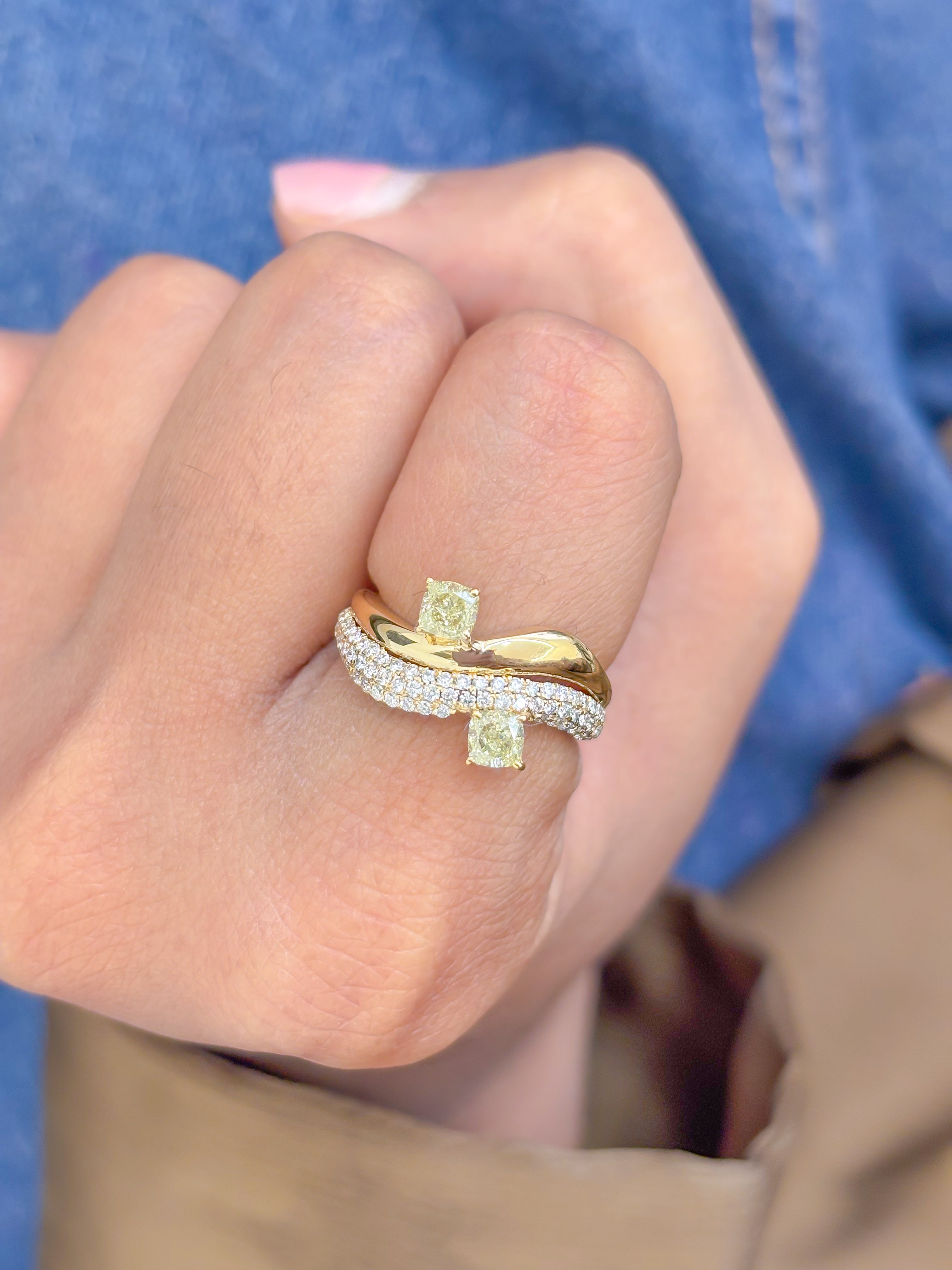 JPRG-3510/8934 Yellow Diamond Cushion With Diamond Wave Ring | 18K