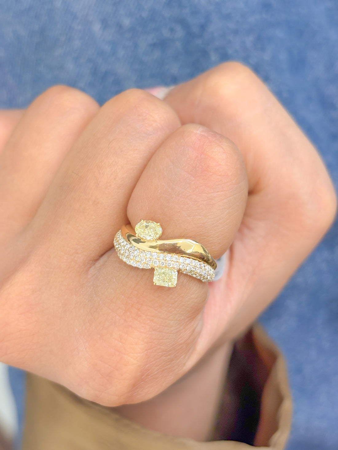 JPRG-3511/8935 Yellow Diamond Cushion With Diamond Wave Ring | 18K