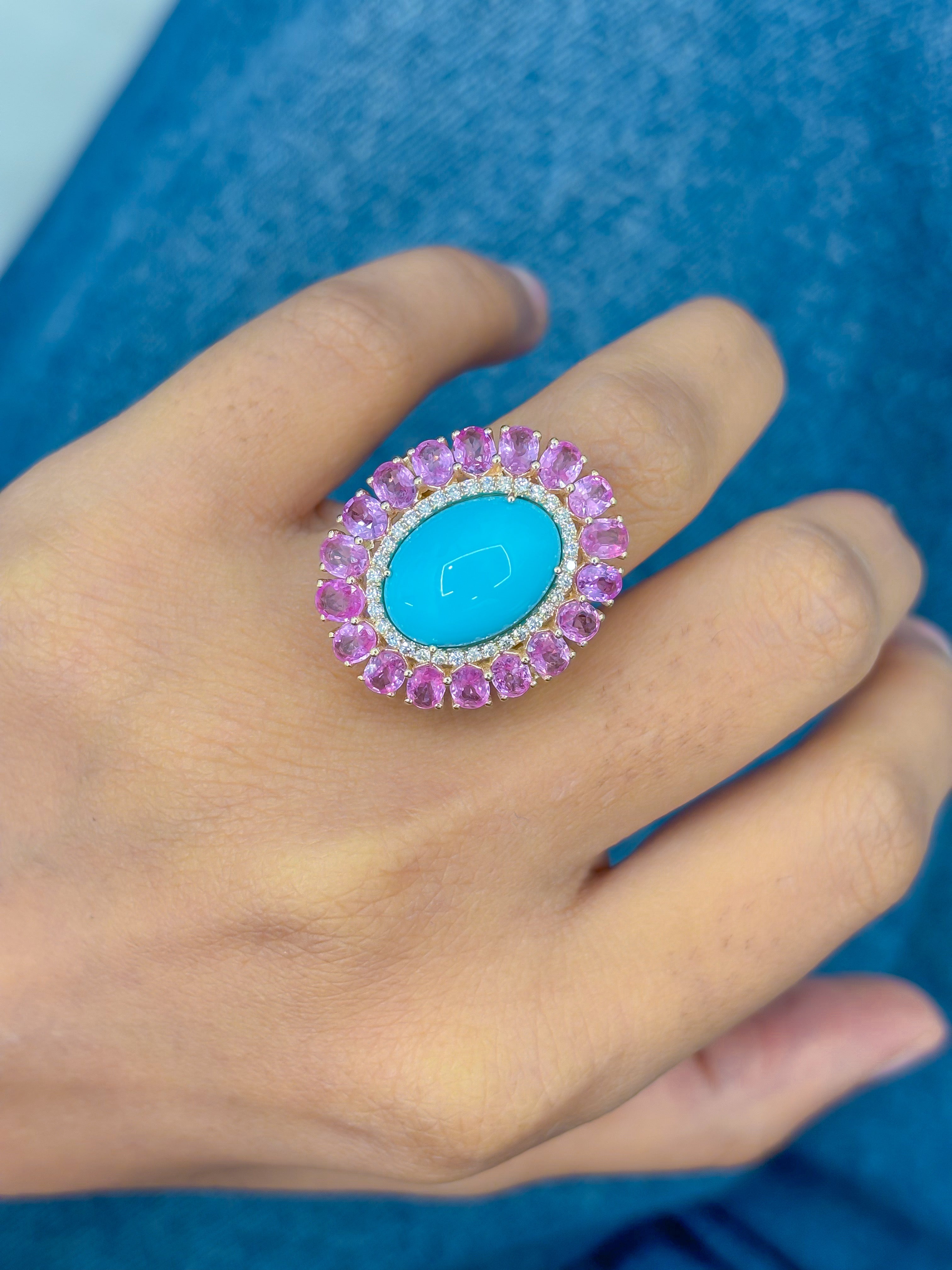 JPRG-4666/11458 Diamond Pink Sapphire Turquoise Ring | 14K